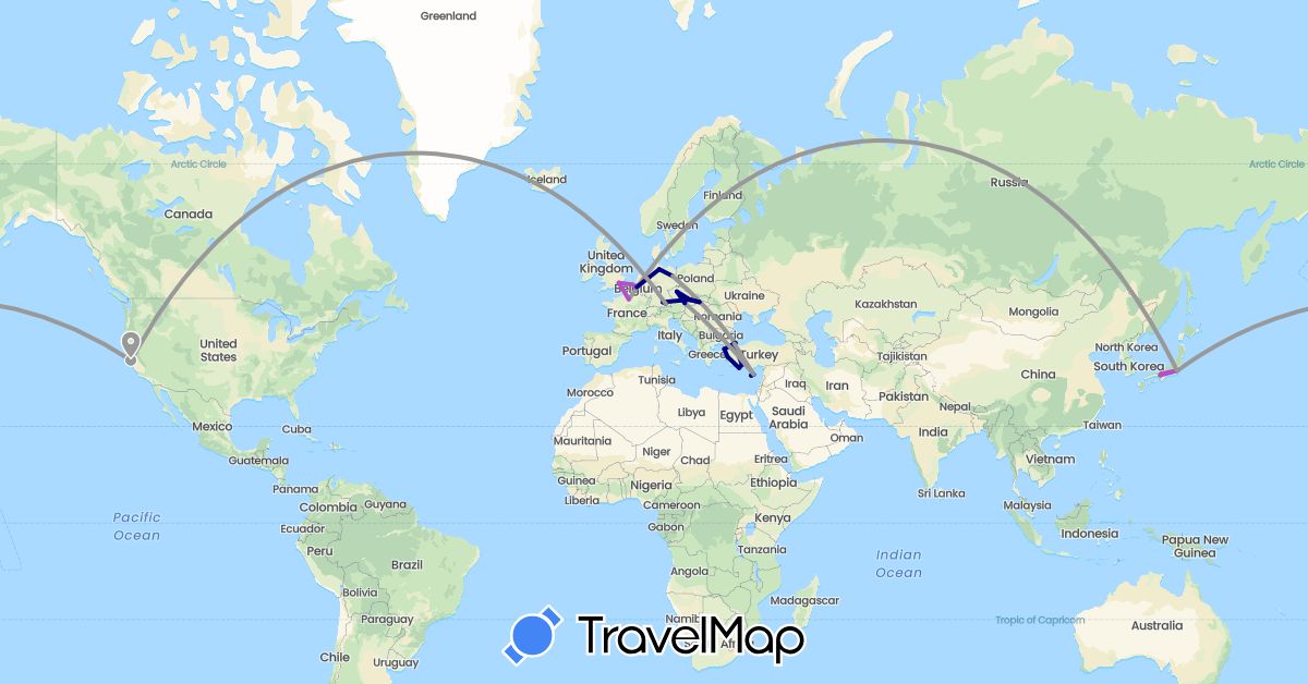 TravelMap itinerary: driving, plane, train in Austria, Belgium, Cyprus, Czech Republic, Germany, France, United Kingdom, Japan, Slovakia, Turkey, United States (Asia, Europe, North America)